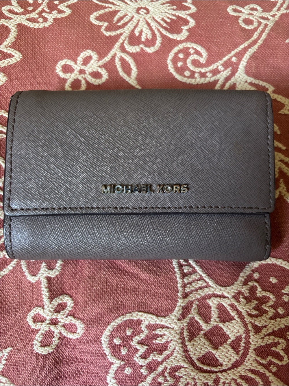 Michael Kors Dark Brown Saffiano Leather Fold Wallet with Gold Logo